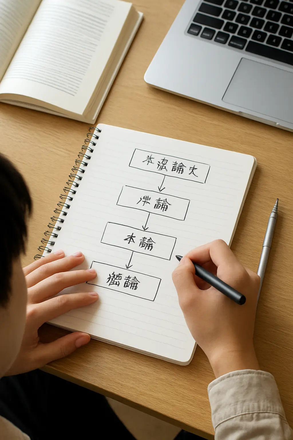 ノートに序論・本論・結論の章立て構成図を手書きする学生
