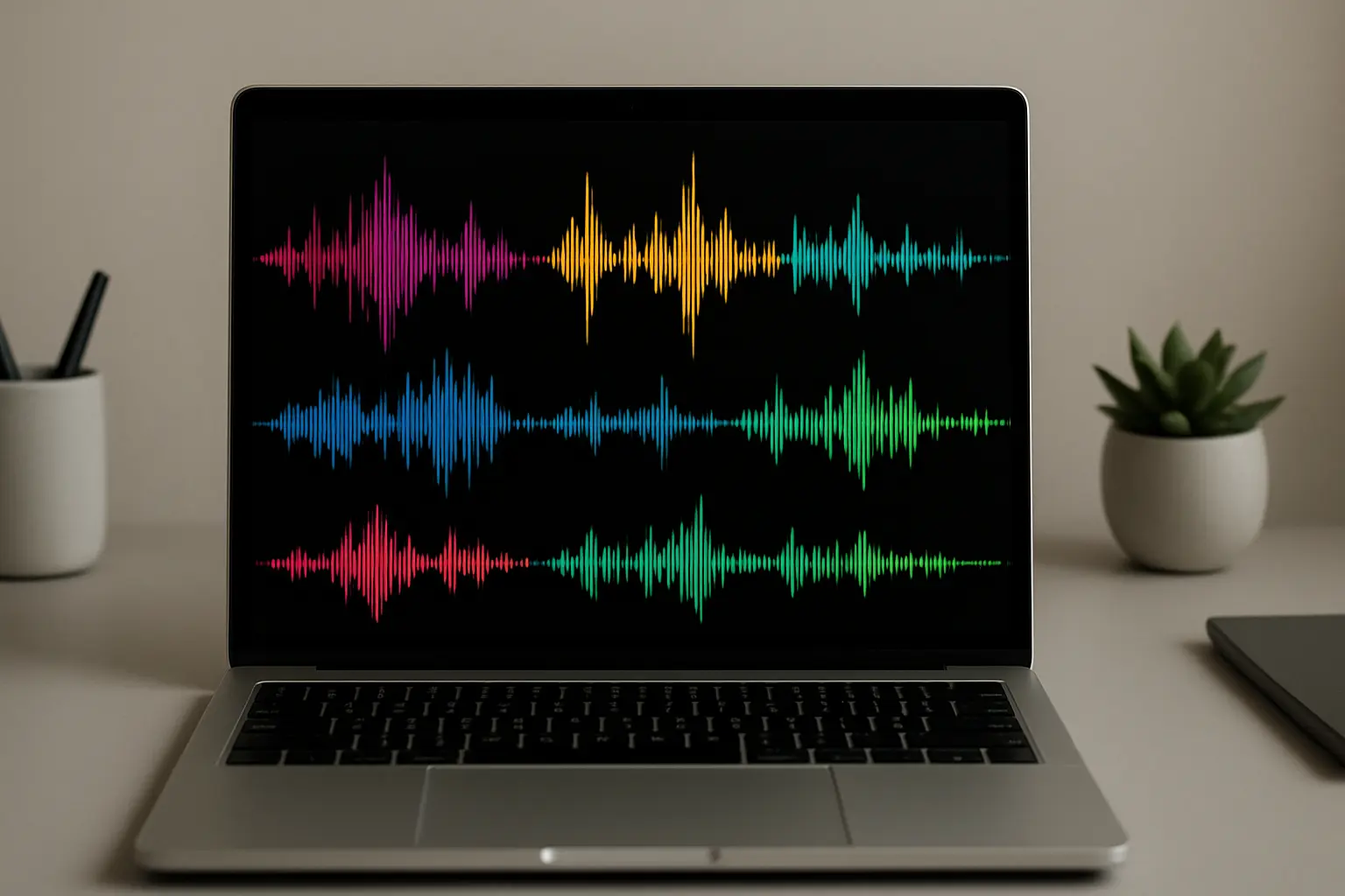 複数の話者の音声波形が異なる色で表示された文字起こしアプリの画面イメージ