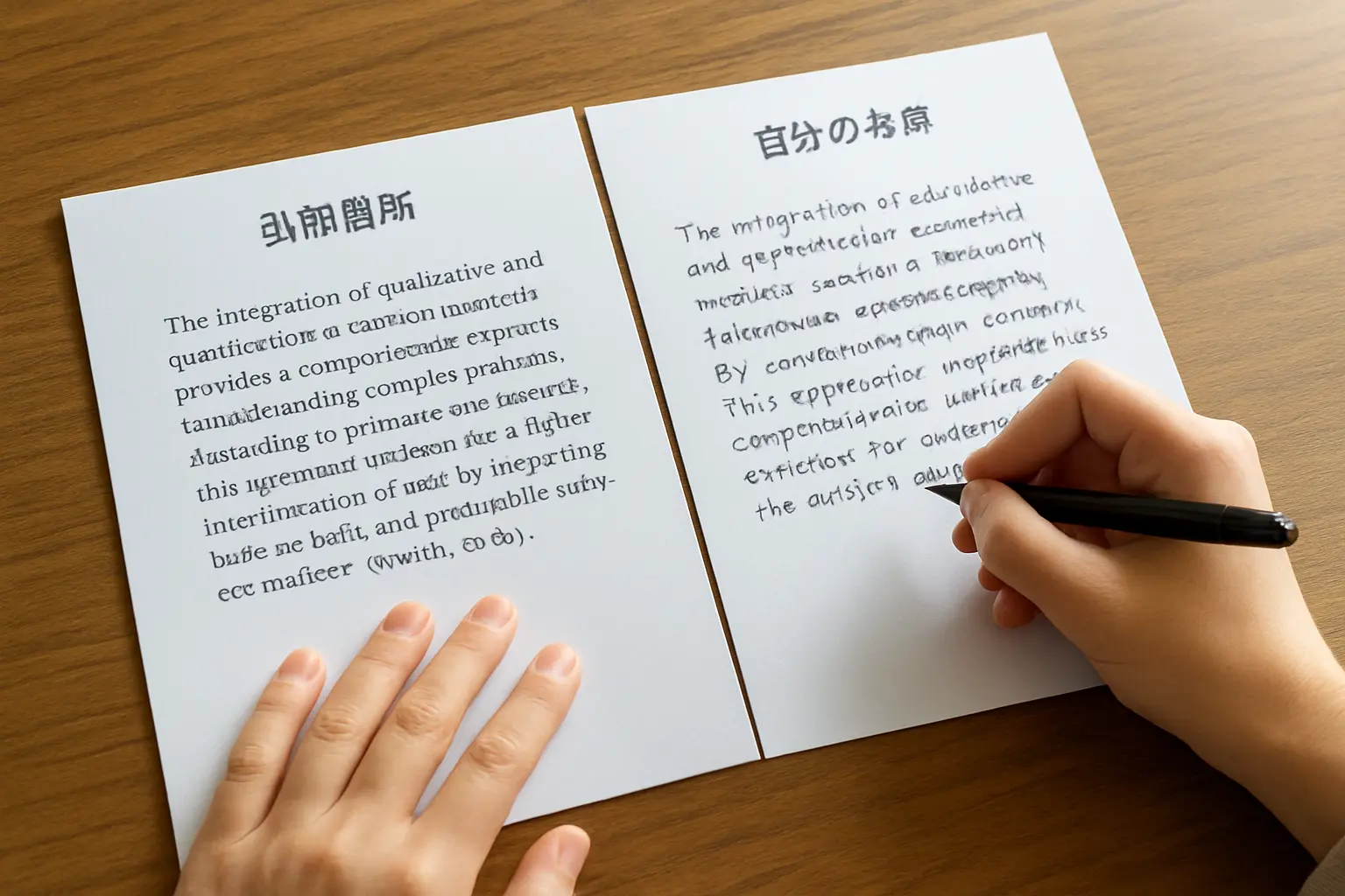先行研究の引用箇所と自分の考察を並べて確認する学生の手元
