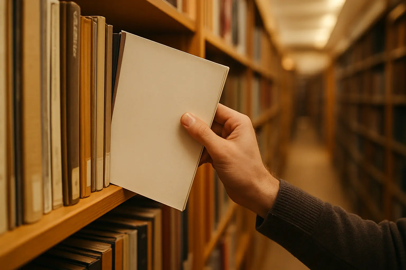 論文の先行研究資料を書棚から選ぶ学生の手元