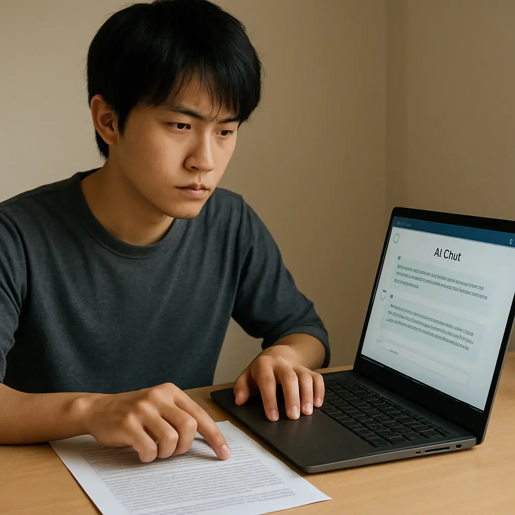AIが生成した論文の下書きを紙の資料と見比べて事実確認する学生
