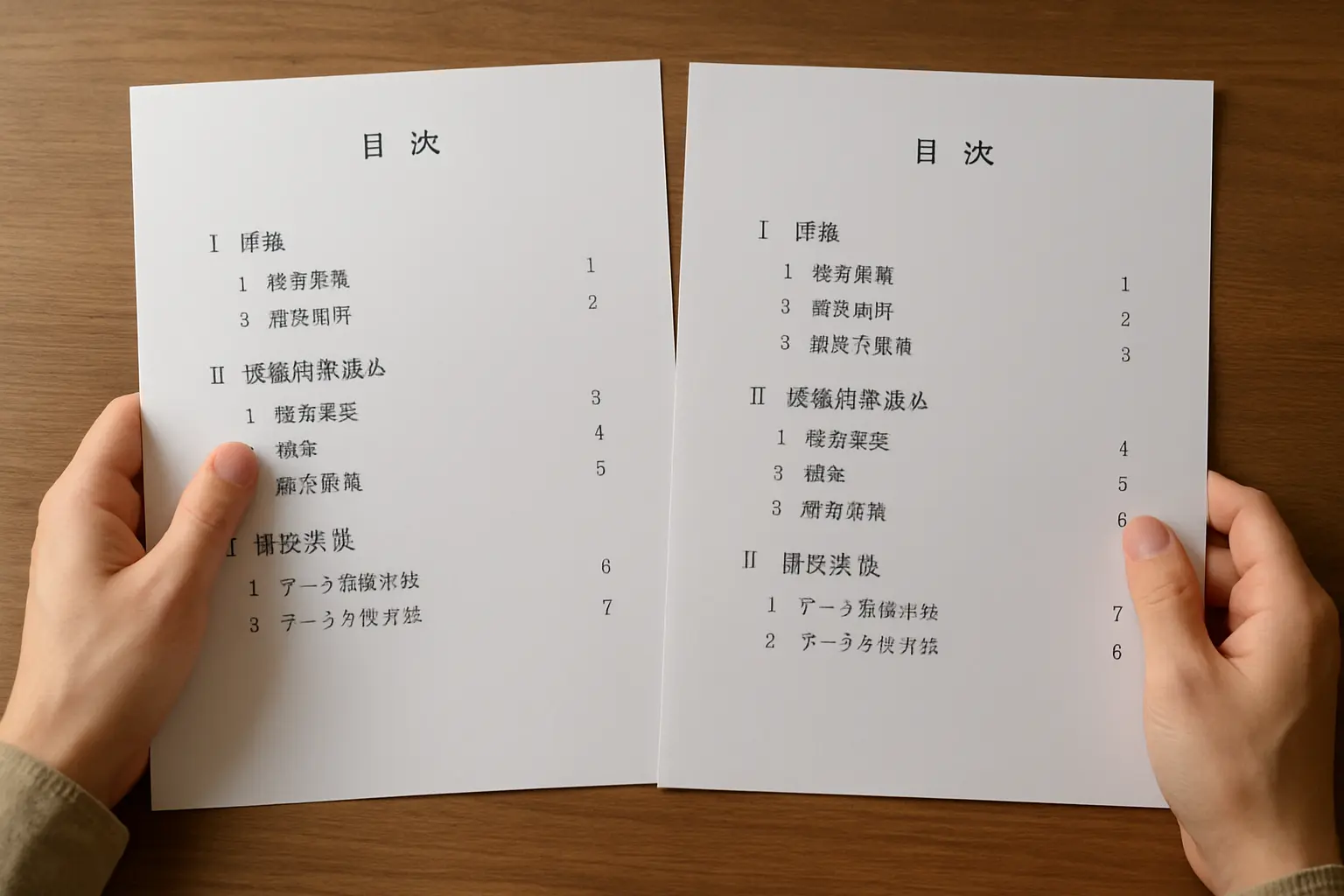 卒論の目次案を見比べながら構成の分量バランスを検討する様子