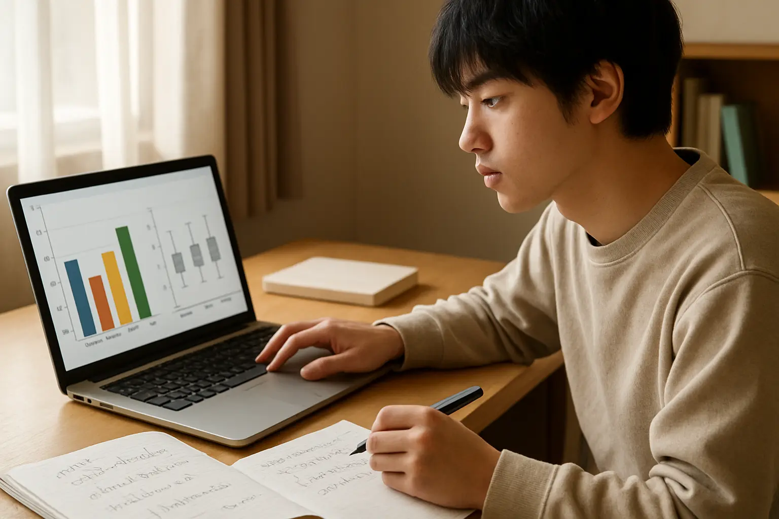 ノートパソコンで統計データを分析する学生の様子