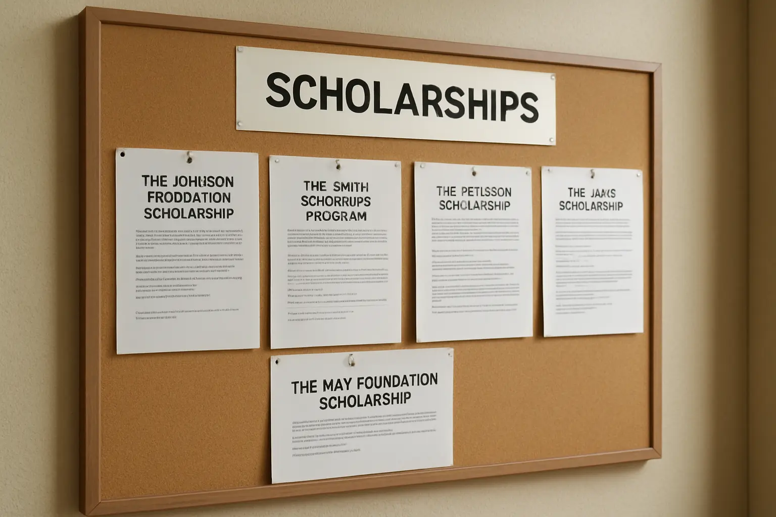 大学の奨学金窓口の掲示板に複数の財団募集要項が貼られている様子